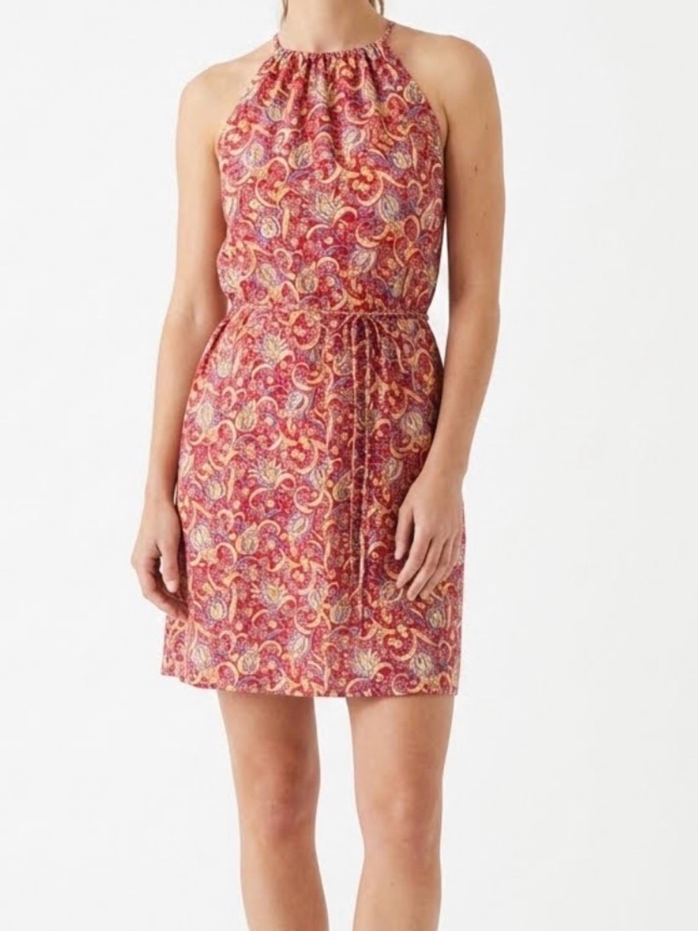 VINTAGE Y2K/90s Express Red Paisley Halter Midi Tie Waist Dress Size 13/14